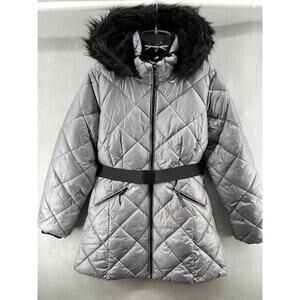 Shelby Collection Coat Women's X-Large Gray Puffer Hooded Belted Warm Fur Lined